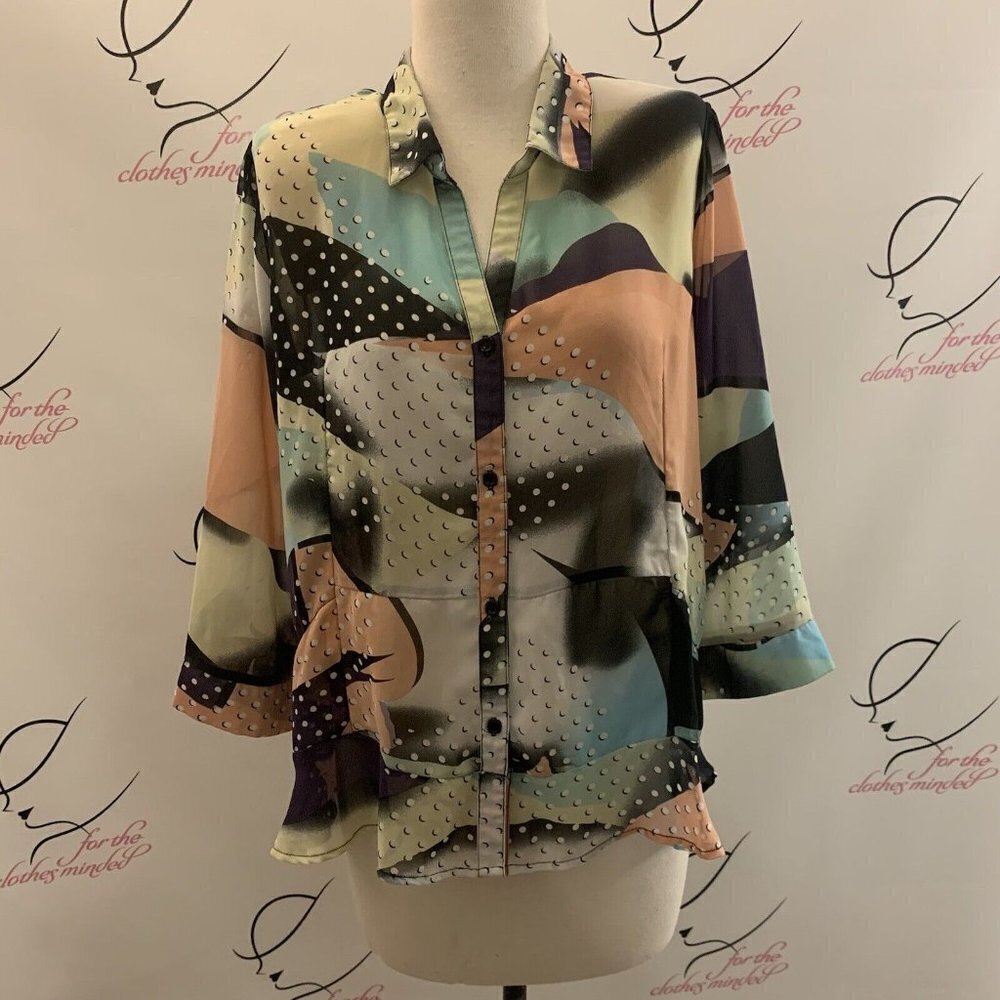 LIOR PARIS. Size Large. Semi Sheer Chiffon Button Up Shirt. Band Flounce B26